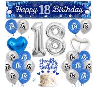 Boys 18th Birthday Decorations Blue - 31 Pieces Blue Silver Party Decoration, Happy Birthday Banner, Number 18 Foil Balloons, Backdrop, Latex Balloon, Cake Topper for Kid Eighteen Anniversary Decor