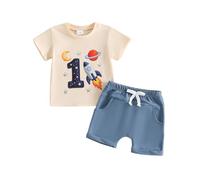 Boys 1st Birthday Outfit Cake Smash 1st Birthday Boy i am One Year Old 1 Year Old First Birthday Gifts for Boys Clothes 12-18 Months Rocket Moon Print T Shirt Solid Shorts (Apricot, 12-18 Months)
