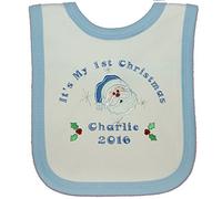 Boys 1st Personalised Santa Applique Christmas Bib. (White/Blue Trim)