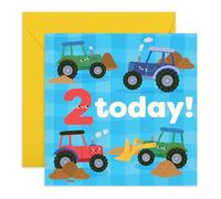 Boys 2nd Birthday Card - Tractor Digger Theme - Fun Greeting Cards for Him Kids Children Kiddos Toddlers Son Grandson Nephew - Two Years Old - Cute Farm Vehicles - Comes with Stickers