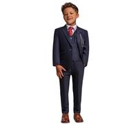 Boys 3 Piece Navy Check Suit Tweed Tailored Fit Wedding - Navy 7