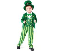 Boys 4Pc St Patrick's Day Outfits Leprechaun Costume Green Irish Streak Suit Green Four-Leaf Clover Jacket Striped Trousers with Hat & Bow Tie for Kids St. Patrick's Day Party Performance