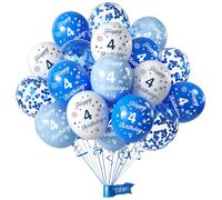 Boys 4th Birthday Balloons Pack - 16Pc, 12inch Blue White Happy Birthday Confetti Printed Latex Balloons, Numbers Decorations for Boys Girls Anniversary Party Supplies