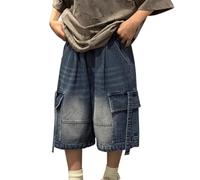 Boys' 7-Inch Cargo Denim Shorts Stretchy Elastic Waist Baggy Streetwear with Utility Pockets Summer Casual Oversized Y2K Jeans Shorts for Teen Boys & Kids