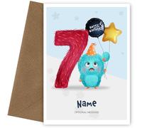 Boys 7th Birthday Card for Kids Age 7 Yrs - Monster with Number 7 Years - Custom Name Boys Birthday Cards for Son Grandson Nephew on 7th Bday
