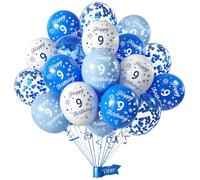 Boys 9th Birthday Balloons Pack of 16Pc,12inch Blue White Happy 9th Birthday Blue Confetti Printed Latex Party Balloons,Numbers Balloons Decorations for Boys Girls 9 Anniversary Birthday Party Supplie