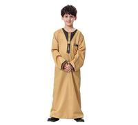 Boys Abaya Muslim Long Thobe Blouse Boy Jubba Thobe Button Print Prayer Abaya Kids Long Sleeve Islam Thobe Muslim Robe Kaftan Prayer Clothes for Muslim Kids (Yellow, 12-13 Years)