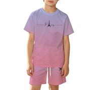 Boys and Girls Cool Gradient City Graphic Breathable Mesh Short Sleeve Tee and Shorts Outfit for Active Play, Summer Set with Urban Design, 2-8 Years (Purple, 13-14 Years)