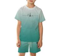 Boys and Girls Cool Gradient City Graphic Breathable Mesh Short Sleeve Tee and Shorts Outfit for Active Play, Summer Set with Urban Design, 2-8 Years (Green, 13-14 Years)