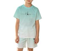 Boys and Girls Cool Gradient City Graphic Breathable Mesh Short Sleeve Tee and Shorts Outfit for Active Play, Summer Set with Urban Design, 2-8 Years (Mint Green, 5-6 Years)