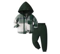 Boys and Girls in Small Children in The Fall Unisex Korean Version of The Hundred Casual Hooded Plaid Shirt Harlan Pants Suit Baby for Mom (Green, 5-6 Years)
