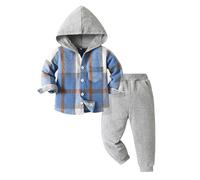Boys and Girls in Small Children in The Fall Unisex Korean Version of The Hundred Casual Hooded Plaid Shirt Harlan Pants Suit Baby for Mom (Blue, 5-6 Years)