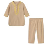 Boys and Girls Spring Summer and Autumn Middle and Large Children's Embroidery Pattern Round Tie Pocket Long Sleeve Trousers Suit Baby ' Boy Clothes (Khaki, 18-30 Months)