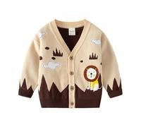Boys and Toddler's V-Neck Knit Cardigan Sweater Cartoon Lion School Uniform Cardigan Button Down Sweater Outerwear Casual Single Breasted V Neck Sweater Cardigan Girls (Beige, 3-4 Years)