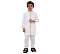 Boys' Arabic Embroidered Robe and Cap Set - Long Sleeve, Traditional Muslim Wear, Festive or Daily, Sizes 8-16, Cream/Silver#g