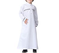 Boys Arabic Thobe Muslim Thobe Long Sleeve Islamic Kaftan Crew Collar Middle Robe with Half Button for Boy With Pockets Arabic Dubai Abaya (White, 11-12 Years)
