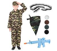 BOYS ARMY FANCY DRESS OUTFIT WITH FACEPAINTS + BULLET BELT + BANDANA + TOY GUN. CHILDS COMBAT SOLDIER COSTUME. CHILDS MILITARY UNIFORM. SIZE: X-LARGE