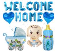 Boys Baby Shower Decorations Balloons, 16 Pieces Baby Party Supplies Welcome Home Banner Heart Boy Foil Balloon Helium Inflatable Blue Its A Boy Bottle Pushchair Buggy for Gender Reveal Decoration