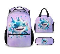 Boys Backpack with Lunch Box, Set of 3 Shark School Backpacks Matching Combo for Kids, Cute Pink Bookbag and Pencil Case Bundle