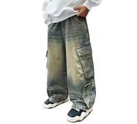 Boys Baggy Cargo Jeans with Pockets Wide Leg Elasticated Waist Kids Vintage Trendy School Trousers Patchwork Casual Straight Hip Hop Denim Pants Street Dance (Light Blue #7, 11-12 Years)