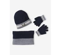 Boys' beanie + snood + gloves "Mountains" set night blue