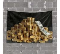 Boys Bedroom Accessories Stacks of Gold Coins with A Dollar Bill On Top Tapestry Bar Stuff for Man Cave Backyard Bar Decor(100X150CM)