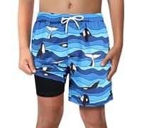 Boys Blue Whale Swim Trunks with Boxer Brief Liner Anti Chafe No Mesh Swimming Shorts Compression Lined 4-Way Stretchy UPF Quick Dry Bathing Suit Size 18-20
