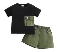 Boys Boho Shorts Set Summer Boys Crew Neck Pocket T Shirt Summer Workwear Solid Color Pocket Elastic Waist Shorts Two Piece Set (18-24 Months) Black