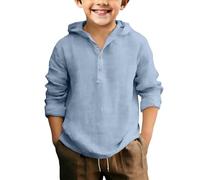 Boys Button Cotton Linen Shirts Long Sleeve Lightweight Beach Summer Hooded Tops Kids Toddler Solid Loose Fit Thin Tops Clothes Quarter Button Hoodie Outfits (Light Blue, 4-5 Years)