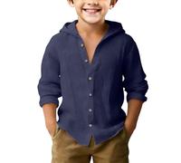 Boys Button Cotton Linen Shirts Long Sleeve Summer Lightweight Beach Casual Hooded Tops Kids Toddler Solid Soft Clothes Thin Loose Fit School Outfits