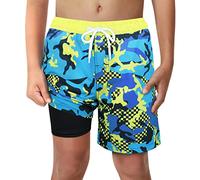 Boys Camo Swim Trunks with Boxer Brief Liner Anti Chafe No Mesh Swimming Shorts Compression Lined 4-Way Stretchy UPF Quick Dry Swimsuit Size 7-8