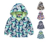 Boys Camouflage Jacket Kids Dinosaur Hooded Jacket Zip Up Windproof Waterproof Windbreaker Lightweight Raincoat Long Sleeve Funny Animals Print Coat (Dark Blue-2, 5-6 Years)
