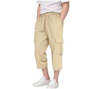 Boys' Cargo Pants 3/4 Length Cotton Trousers Elastic Waist Casual School Trouser with Pockets Summer Capr Pants with Drawstrin Holiday Wear (Khaki, 11-12 Years)