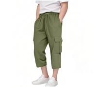 Boys Cargo Pants Casual 3/4 Length School Workwear Trousers with Drawstrin Waist & Multi-Pockets, Comfy Breathable Holiday Play Shorts for Kids (Green, 9-10 Years)