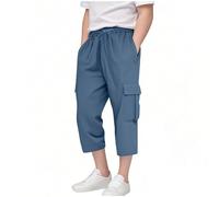 Boys Cargo Pants Casual 3/4 Length School Workwear Trousers with Drawstring Waist & Multi-Pockets Comfy Breathable Holiday Play Shorts for Kids Summer Athletic Bottoms Joggers