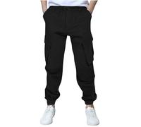 Boys Cargo Pants Casual Cargo Trousers Elastic Waist Baggy Active Joggers Slim Fit Pant with Multi Pockets Workout Athletic Sweatpants Solid Basic Full Long Pants A Black 12-13 Years