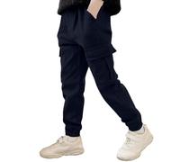 Boys Cargo Pants Elastic Waist Solid Color Slim Fit Tween Streetwear Trousers with Side Pockets 4 to 12 Years Navy