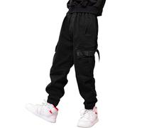Boys Cargo Trousers Kids Cotton Casual Tactical Pants Elastic Waist Hiking School Uniform Sweatpants Joggers(Black,14-16)