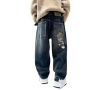 Boys' Casual Baggy Cargo Jeans Cool Embroidery Elastic Waist Wide Straight Leg Trousers Kids Loose Fit Streewear Denim Pants with Pockets Fashion Blue Jeans for Teens School Daily Wear