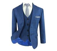 Boys Check Italian Cut Suit Tailored Fit Blue Pageboy Wedding 3 Piece Set, Age 6 Years
