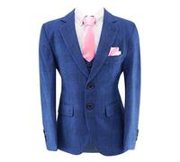 Boys Check Italian Cut Suit Tailored Fit Mid Blue Pageboy Wedding 3 Piece Set, Age 8 Years