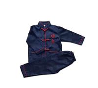 Boys Chinese Traditional Outfits Kung Wing Chun Arts Set 2 Piece Kids Long Sleeve Top Elastic Waist Trousers Sets Pockets Athletic Clothing Set (Navy, 8 Years)