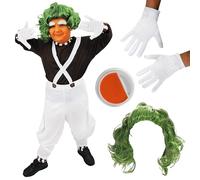Boys Chocolate Factory Worker - Large - Brown Top, White Dungarees, Green Wig, White Gloves, Orange Facepaint - Kids World Book Day Book Week Fancy Dress Costume