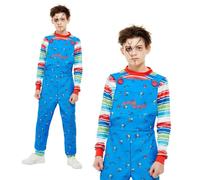 Smiffys Chucky Costume in Blue for Kids, Dress and Top, Officially Licensed, Blue Dungaree Dress and Striped Top with Colour Block Cuffs, Ideal for Halloween and Matching Costumes