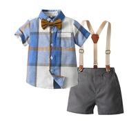 Boys Clothes Shirt and Shorts Sets 2 Piece Check Shirt with Bow Tie & Adjustable Dungaree Shorts, Smart Casual Summer Outfits for 1-6 Years, Wedding Guest Children's Clothes Blue