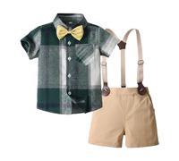 Boys Clothes Shirt and Shorts Sets 2 Piece Check Shirt with Bow Tie & Adjustable Dungaree Shorts, Smart Casual Summer Outfits for 1-6 Years, Wedding Guest Children's Clothes Green