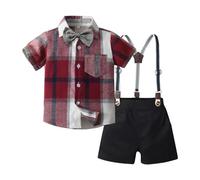 Boys Clothes Shirt and Shorts Sets 2 Piece Check Shirt with Bow Tie & Adjustable Dungaree Shorts, Smart Casual Summer Outfits for 1-6 Years, Wedding Guest Children's Clothes Red