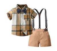 Boys Clothes Shirt and Shorts Sets 2 Piece Check Shirt with Bow Tie & Adjustable Dungaree Shorts, Smart Casual Summer Outfits for 1-6 Years, Wedding Guest Children's Clothes Brown