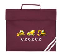 Boys Construction Themed Custom Book Bag Personalised Name Digger Design for Primary Reception Kids Back to School Gift, One Size, Maroon