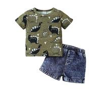 Boys' Dino Graphic Tee and Denim Shorts - Summer Two Piece, Casual Daily, Soft Cotton, Sizes 3-9, Brown/Light Wash#g